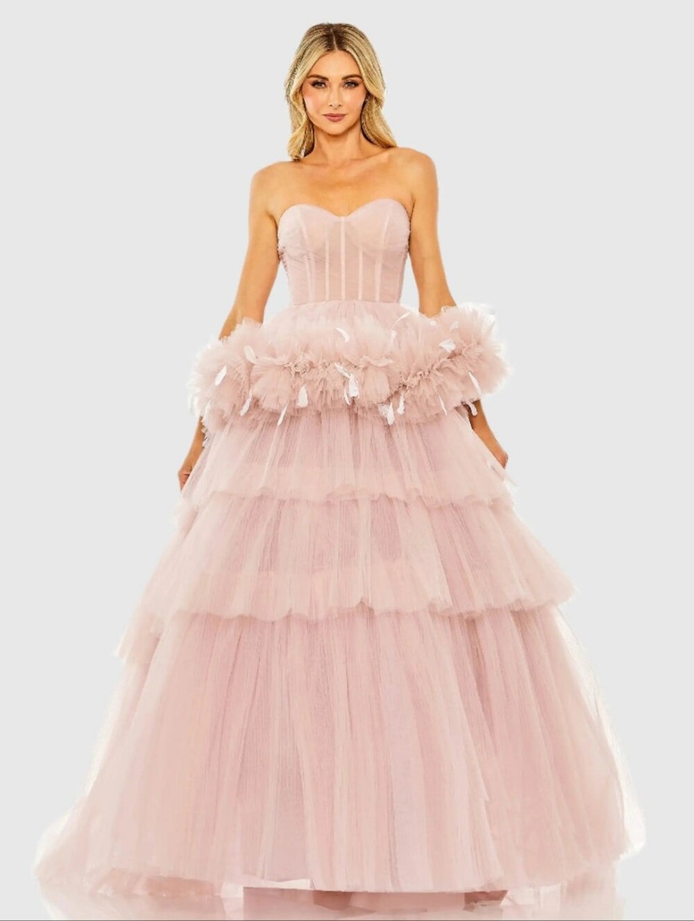Mac Duggal Rose Pink Strapless Tulle Gown with Feather Detail
